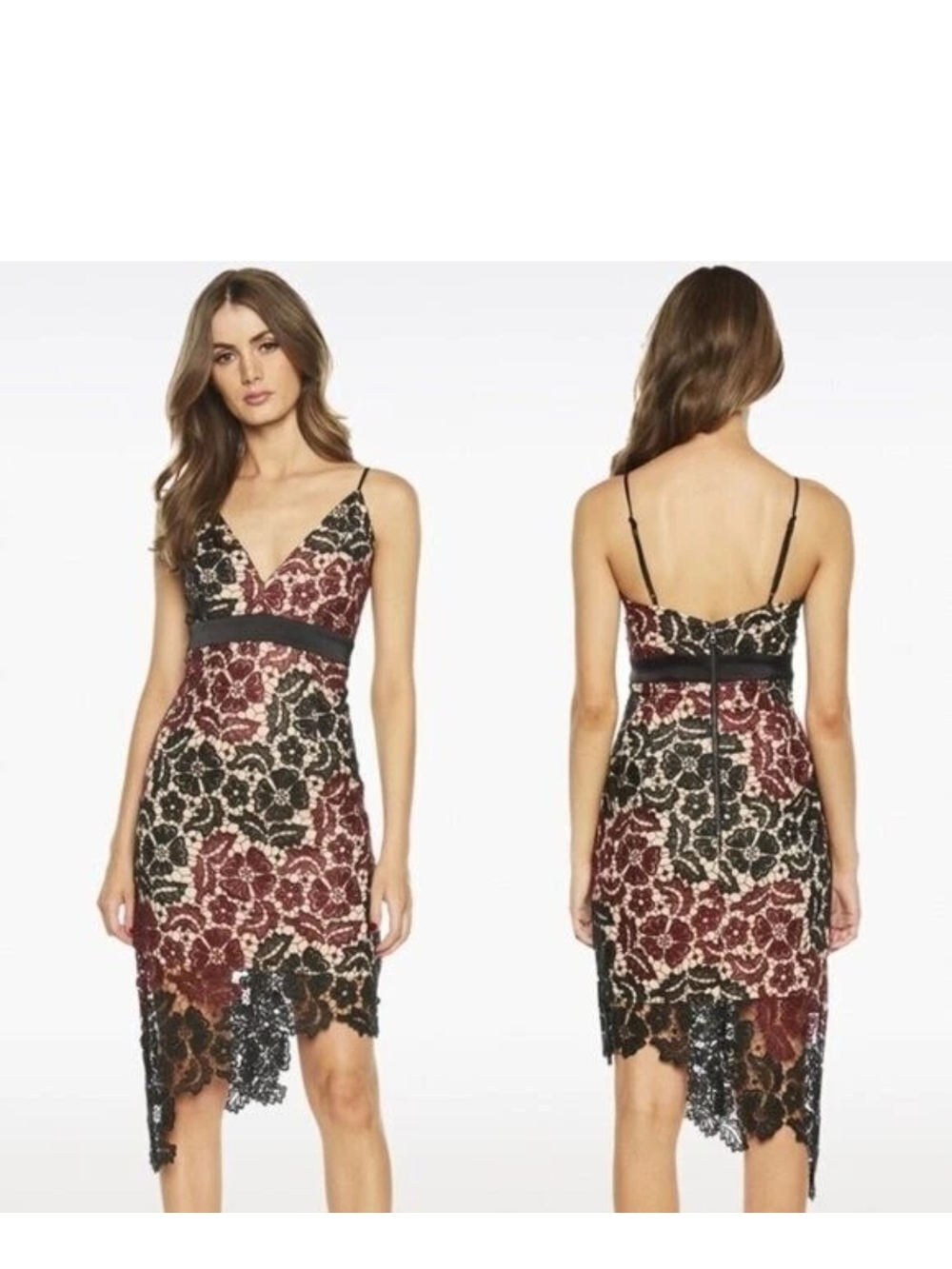 Bardot Burgundy, Black and Cream Lace Asymmetrical Slip Dress